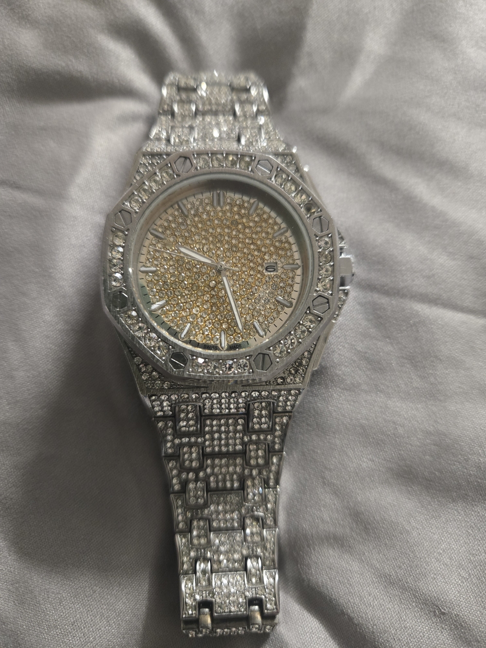 Source Unknown Silver and Gold Pave Crystal Men's Watch